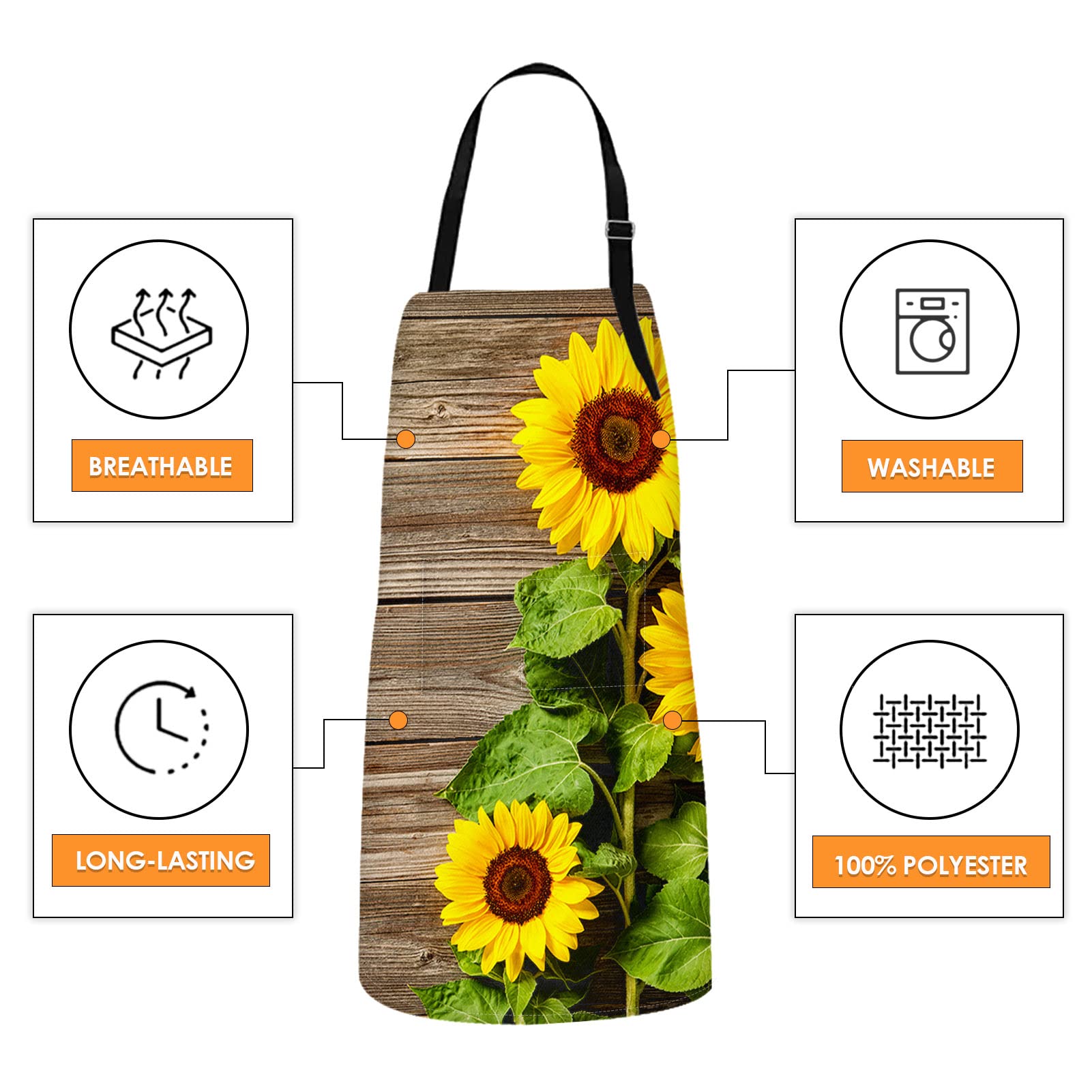 Britimes Apron Home Kitchen Cooking Baking Gardening for Women Men with Pockets Autumn Sunflowers Wooden Board Flower 32x28 inch